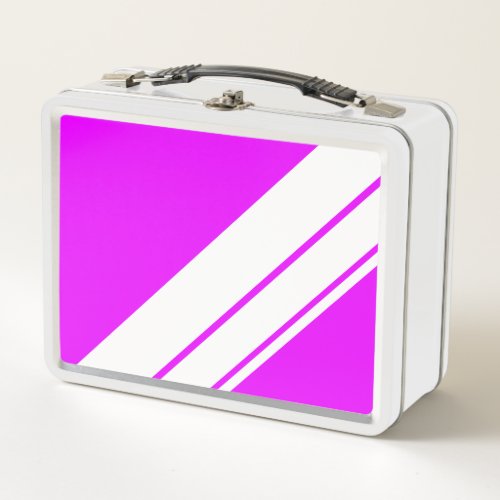 Bright Magenta Pink Wide White Diagonal Stripes   Metal Lunch Box