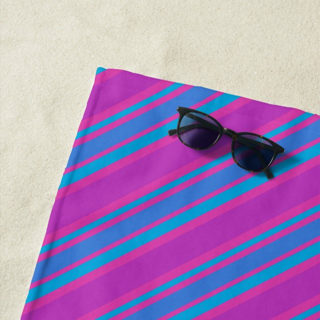 Bright Magenta Purple Blue Diagonal Stripes Beach Towel (In Situ)
