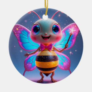 Bright Magical Bee Character With Sparkling Wings Ceramic Ornament