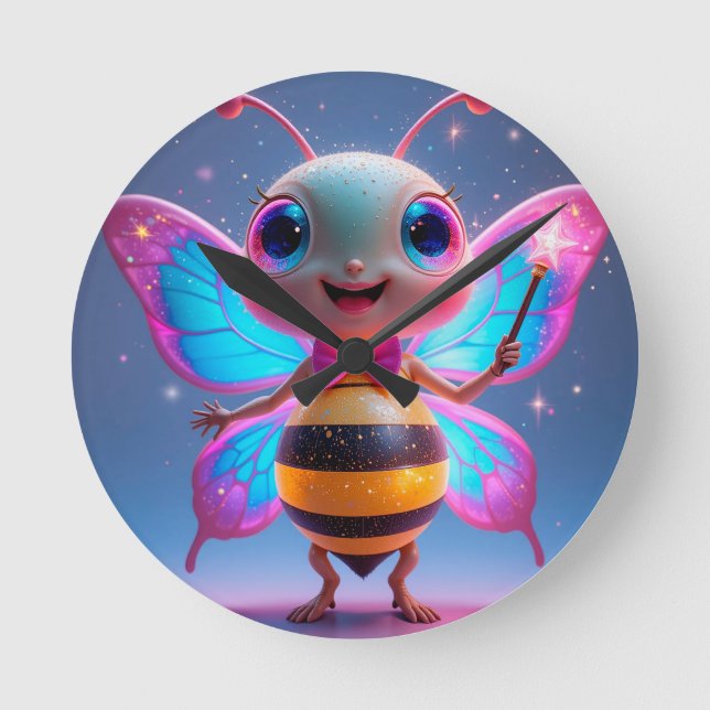 Bright Magical Bee Character With Sparkling Wings Round Clock (Front)
