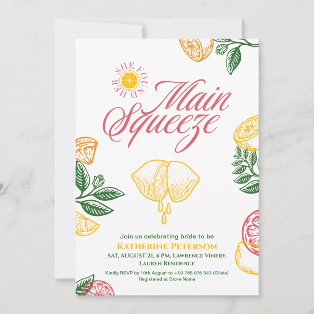 Bright Main Squeeze Citrus Bridal Shower Invitation (Front)