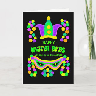 Bright Mardi Gras Card on Black, Crown Mask Beads