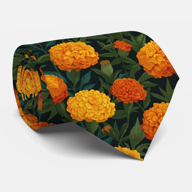 Bright Marigold Floral Pattern Neck Tie (Rolled)