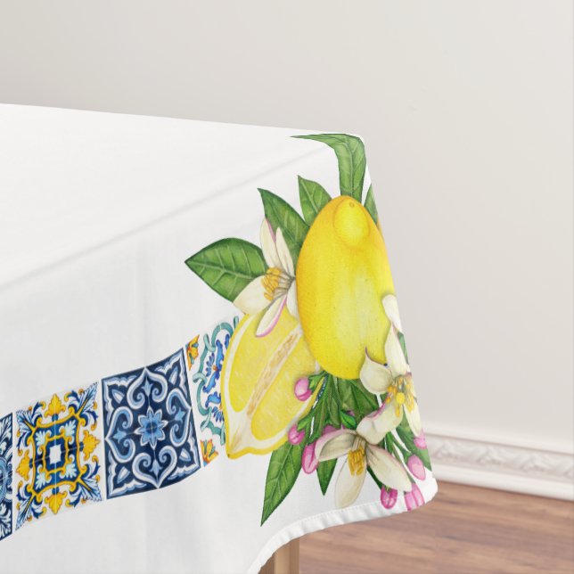 Bright Mediterranean Sicilian Majolica Tile Lemons Tablecloth (In Situ)