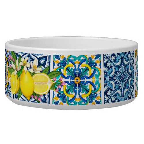 Bright Mediterranean Sicilian Tile Lemon Pet Bowls