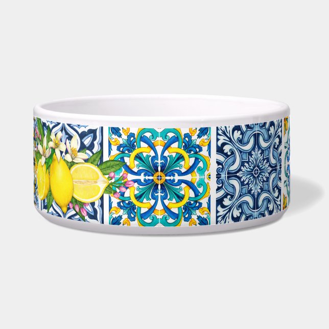 Bright Mediterranean Sicilian Tile Lemon Pet Bowls (Front)