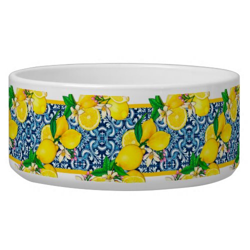 Bright Mediterranean Sicilian Tile Lemons Pet Bowl