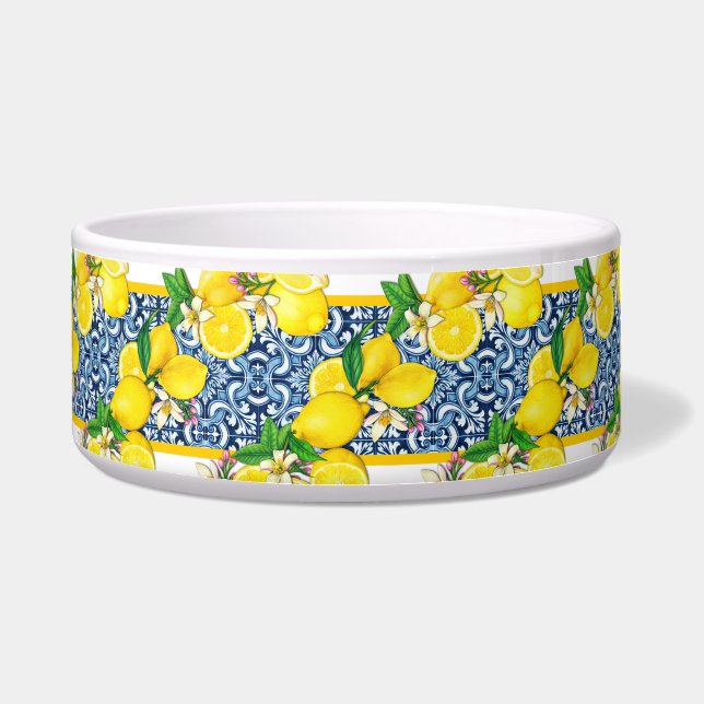 Bright Mediterranean Sicilian Tile Lemons Pet Bowl (Front)