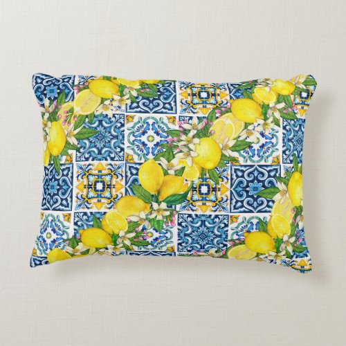 Bright Mediterranean Sicilian Tiles Citrus Lemons Accent Pillow
