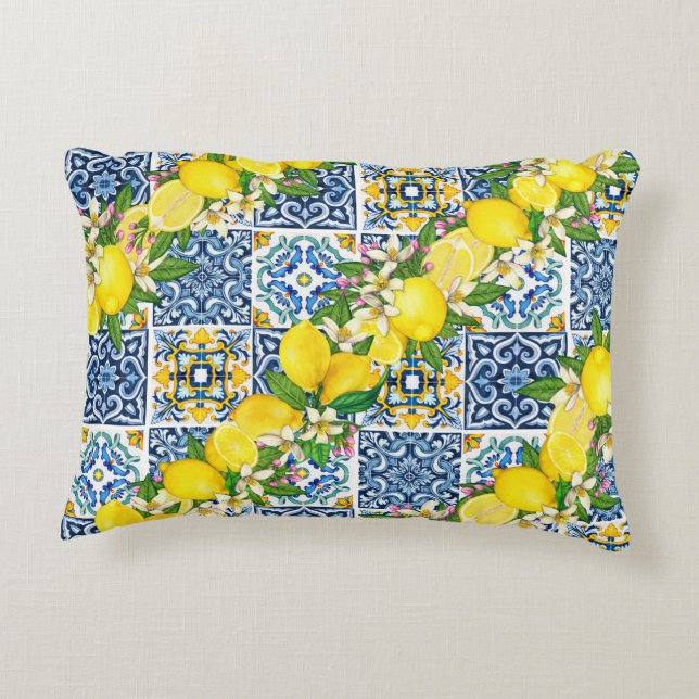 Bright Mediterranean Sicilian Tiles Citrus Lemons Accent Pillow (Back)