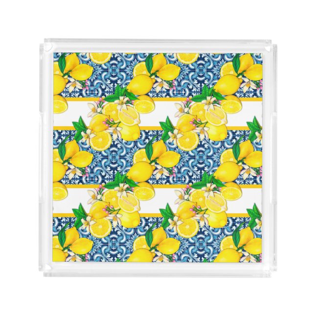 Bright Mediterranean Sicilian Tiles Citrus Lemons  Acrylic Tray (Front)