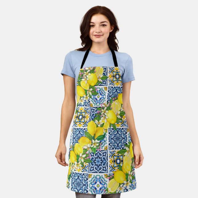Bright Mediterranean Sicilian Tiles Citrus Lemons Apron (Worn)