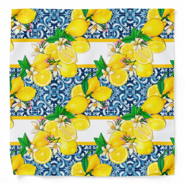 Bright Mediterranean Sicilian Tiles Citrus Lemons Bandana (Front)