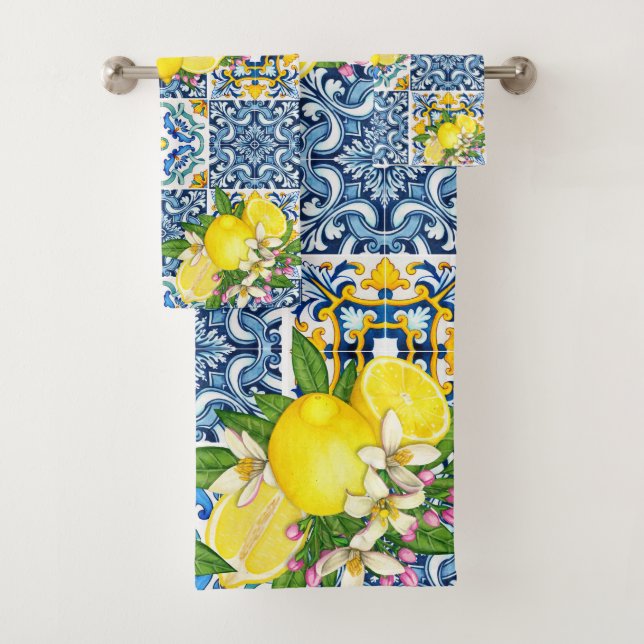 Bright Mediterranean Sicilian Tiles Citrus Lemons Bath Towel Set (Insitu)