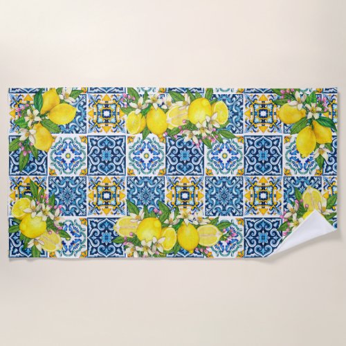 Bright Mediterranean Sicilian Tiles Citrus Lemons Beach Towel
