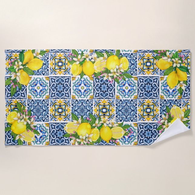 Bright Mediterranean Sicilian Tiles Citrus Lemons Beach Towel (Front)