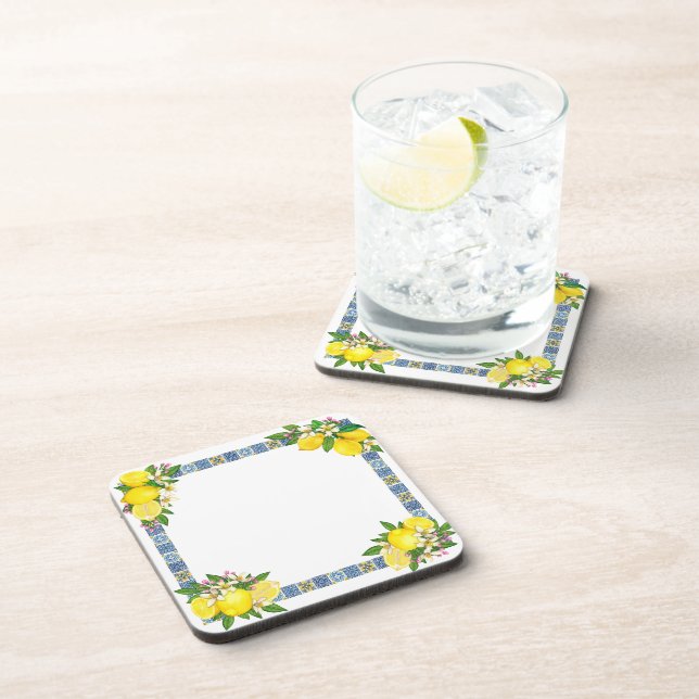Bright Mediterranean Sicilian Tiles Citrus Lemons Beverage Coaster (Right Side)