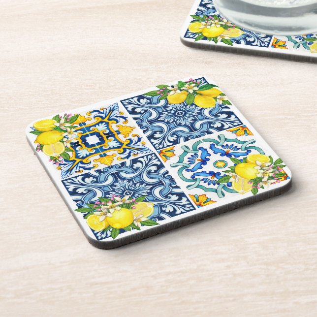 Bright Mediterranean Sicilian Tiles Citrus Lemons Beverage Coaster (Left Side)