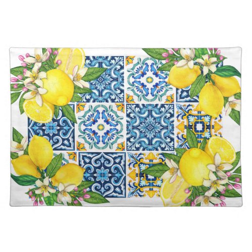 Bright Mediterranean Sicilian Tiles Citrus Lemons Cloth Placemat