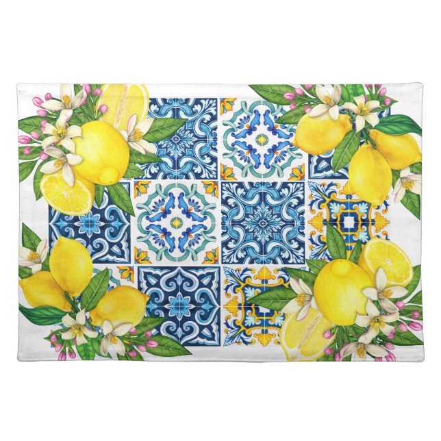 Bright Mediterranean Sicilian Tiles Citrus Lemons Cloth Placemat (Front)