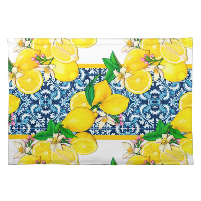 Bright Mediterranean Sicilian Tiles Citrus Lemons  Cloth Placemat (Front)