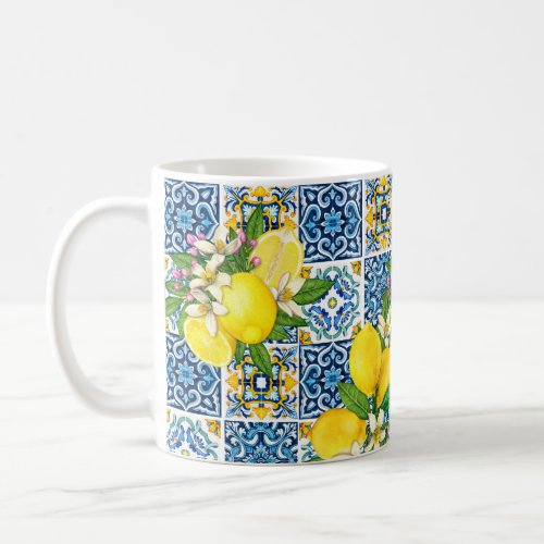 Bright Mediterranean Sicilian Tiles Citrus Lemons  Coffee Mug