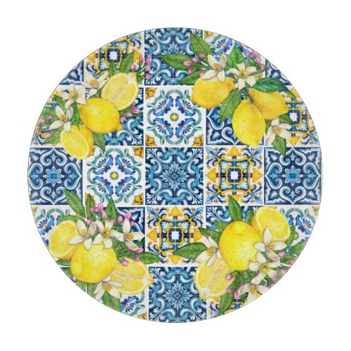 Bright Mediterranean Sicilian Tiles Citrus Lemons Cutting Board