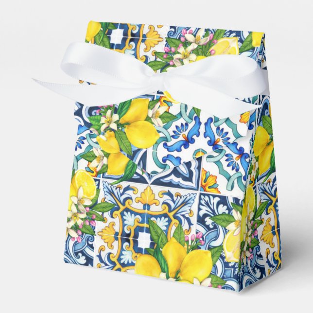 Bright Mediterranean Sicilian Tiles Citrus Lemons Favor Boxes (Front Side)