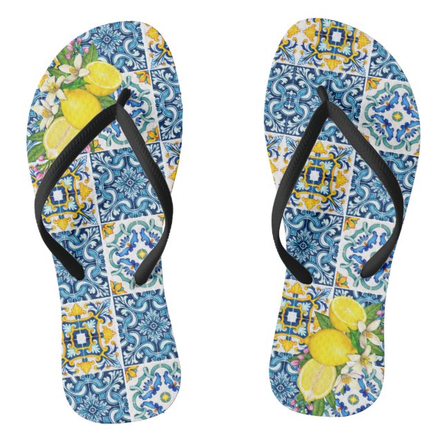 Bright Mediterranean Sicilian Tiles Citrus Lemons Flip Flops (Footbed)