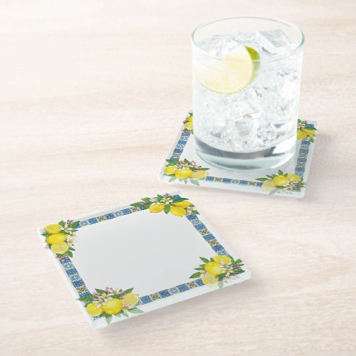Bright Mediterranean Sicilian Tiles Citrus Lemons  Glass Coaster