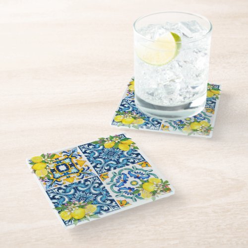 Bright Mediterranean Sicilian Tiles Citrus Lemons Glass Coaster