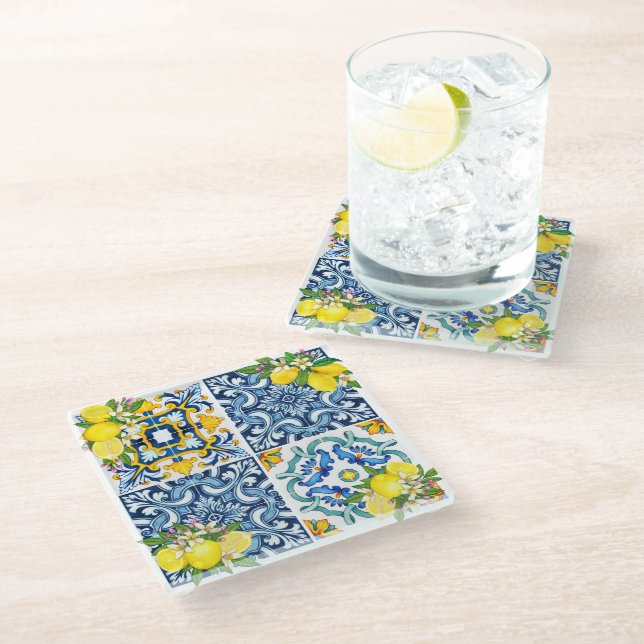 Bright Mediterranean Sicilian Tiles Citrus Lemons  Glass Coaster (Angled)