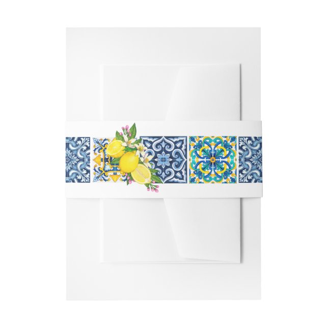 Bright Mediterranean Sicilian Tiles Citrus Lemons  Invitation Belly Band (Front Example)