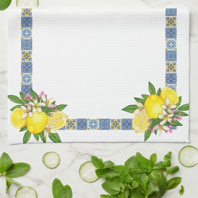Bright Mediterranean Sicilian Tiles Citrus Lemons Kitchen Towel (Folded)