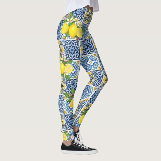 Bright Mediterranean Sicilian Tiles Citrus Lemons Leggings (Right)