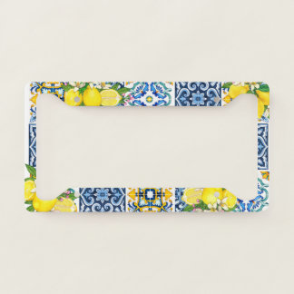 Bright Mediterranean Sicilian Tiles Citrus Lemons License Plate Frame