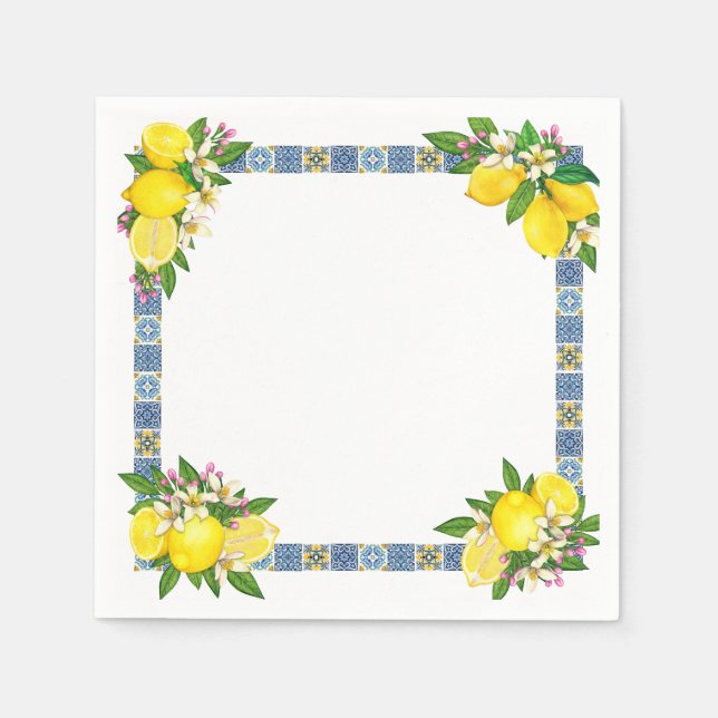 Bright Mediterranean Sicilian Tiles Citrus Lemons Napkins (Front)