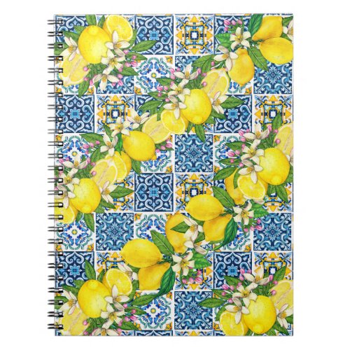 Bright Mediterranean Sicilian Tiles Citrus Lemons  Notebook