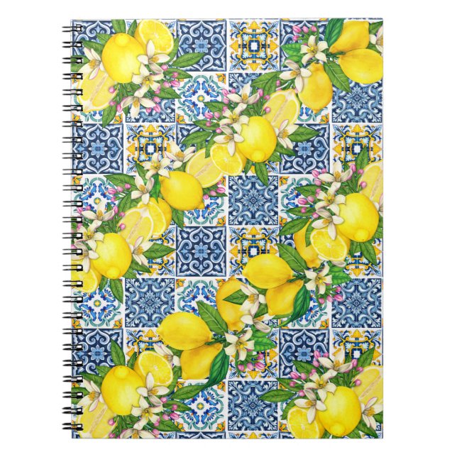 Bright Mediterranean Sicilian Tiles Citrus Lemons  Notebook (Front)