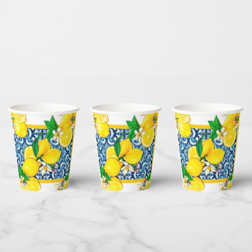 Bright Mediterranean Sicilian Tiles Citrus Lemons Paper Cups
