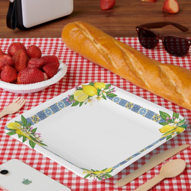 Bright Mediterranean Sicilian Tiles Citrus Lemons Paper Plates (Picnic)