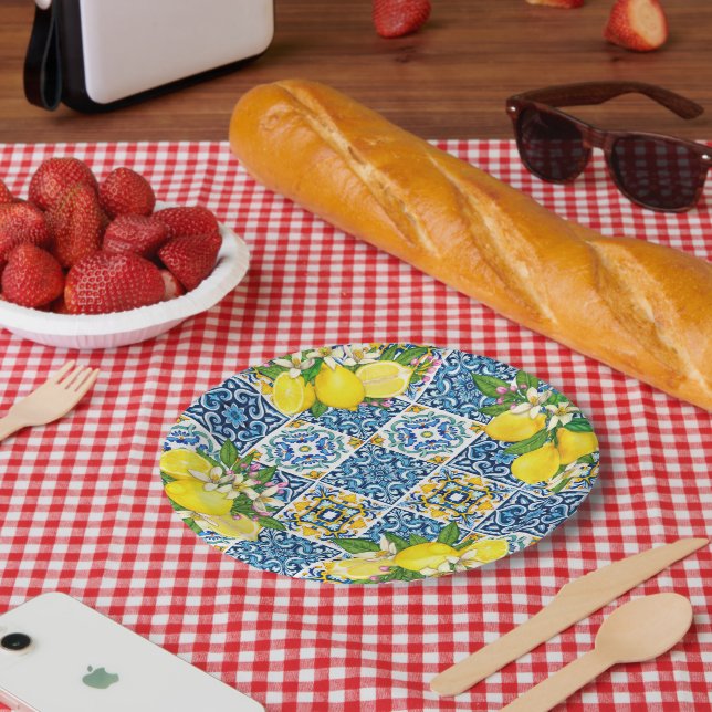 Bright Mediterranean Sicilian Tiles Citrus Lemons Paper Plates (Picnic)