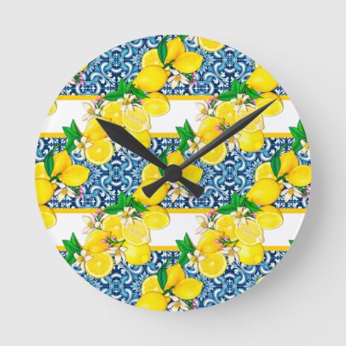 Bright Mediterranean Sicilian Tiles Citrus Lemons Round Clock