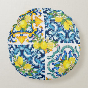Bright Mediterranean Sicilian Tiles Citrus Lemons Round Pillow