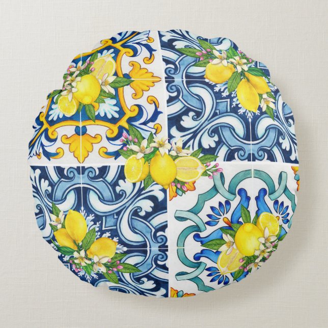 Bright Mediterranean Sicilian Tiles Citrus Lemons Round Pillow (Front)
