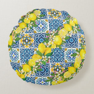 Bright Mediterranean Sicilian Tiles Citrus Lemons Round Pillow