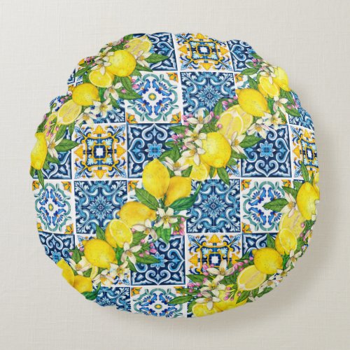 Bright Mediterranean Sicilian Tiles Citrus Lemons Round Pillow