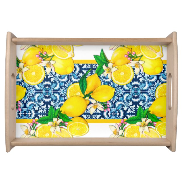 Bright Mediterranean Sicilian Tiles Citrus Lemons Serving Tray (Front)