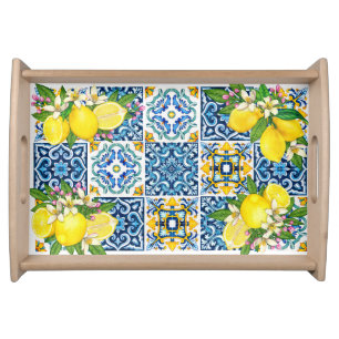 Bright Mediterranean Sicilian Tiles Citrus Lemons Serving Tray