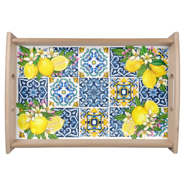 Bright Mediterranean Sicilian Tiles Citrus Lemons Serving Tray (Front)